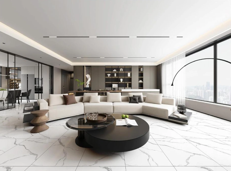 Light-filled living room with marble-look tiled flooring